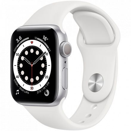 Apple Watch Series 6 GPS, 40мм, Серебристый, Спортивный ремешок белого цвета